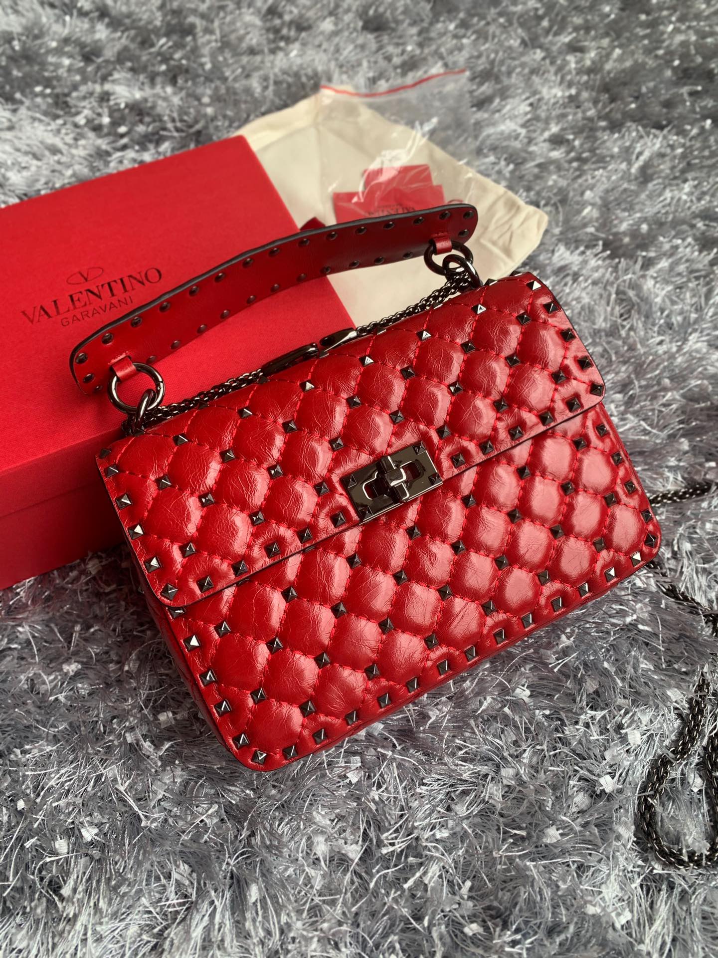 Valentino Garavani Rockstud Spike Medium Chain Bag in Red Supple Lambskin Nappa